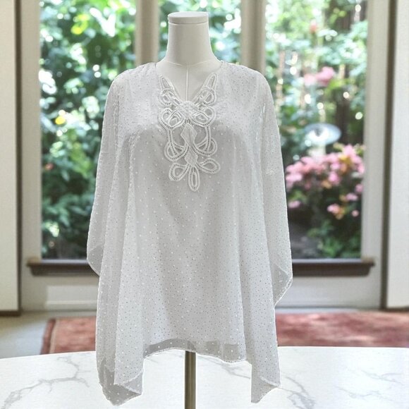 Peck And Peck White Gold Cold Shoulder Tunic L Resort Boho Coquette Sheer Dainty - Picture 1 of 9